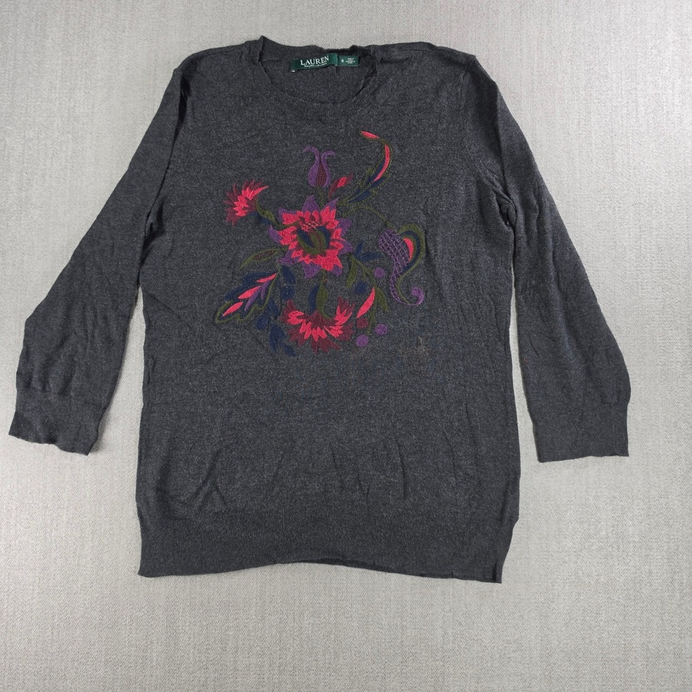 Lauren Ralph Lauren Sweater Women S Gray Floral Embroidered 3/4‎ Sleeve Pullover